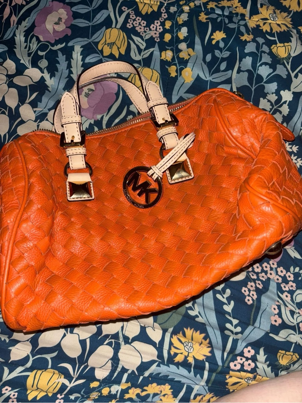 Michael Kors Bright Orange Woven Leather Satchel with Cream Handles